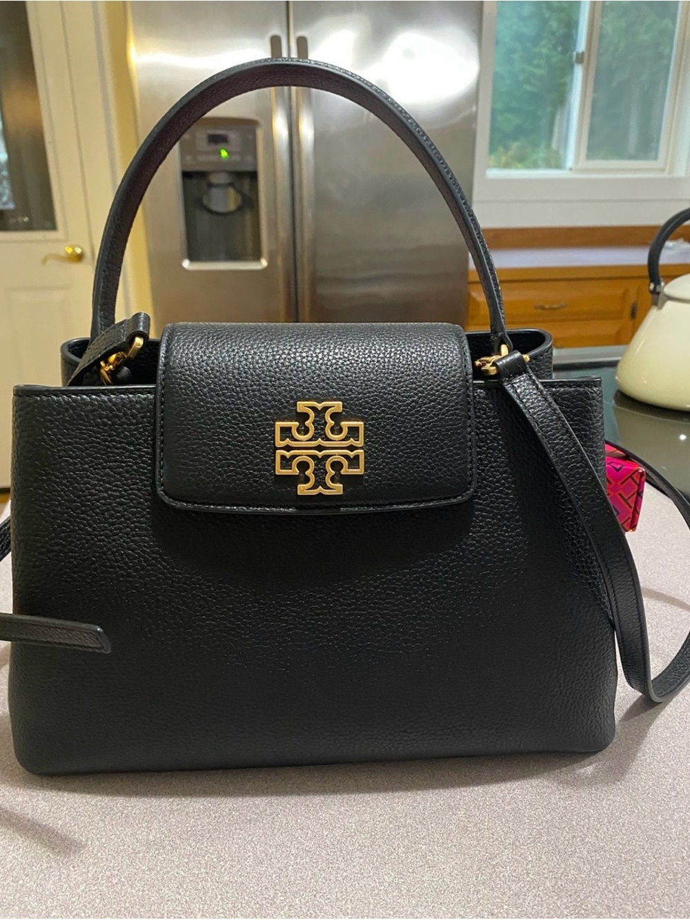 Tory Burch Black Leather Top-Handle Satchel with Gold Logo